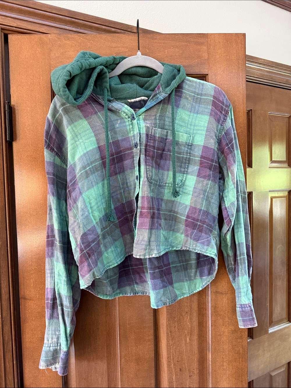 American Eagle Outfitters Green & Purple Plaid Hooded Button-Down